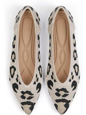 Women's Leopard Pointed Toe Knit Ballet Comfortable Dressy Slip On Flat Shoes